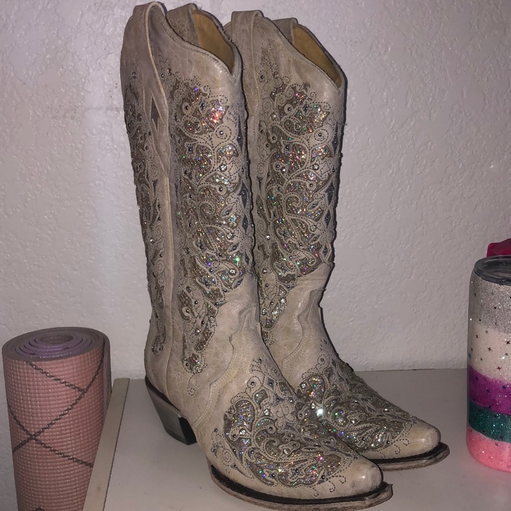 Womens 8 1/2 corral white glitter inlay western boots